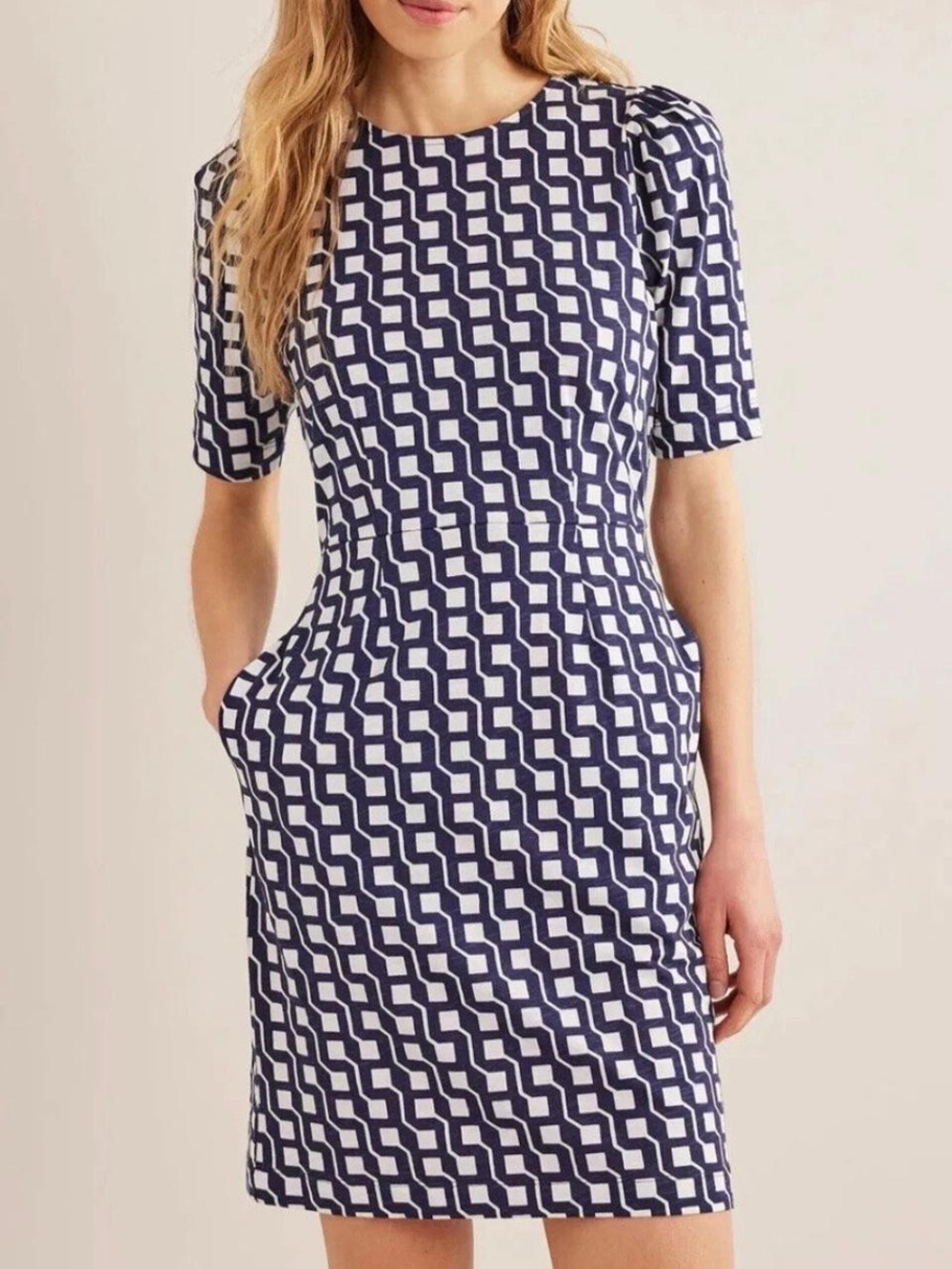 Boden Zoe Navy and White Geometric Sheath Dress 16/18 Long